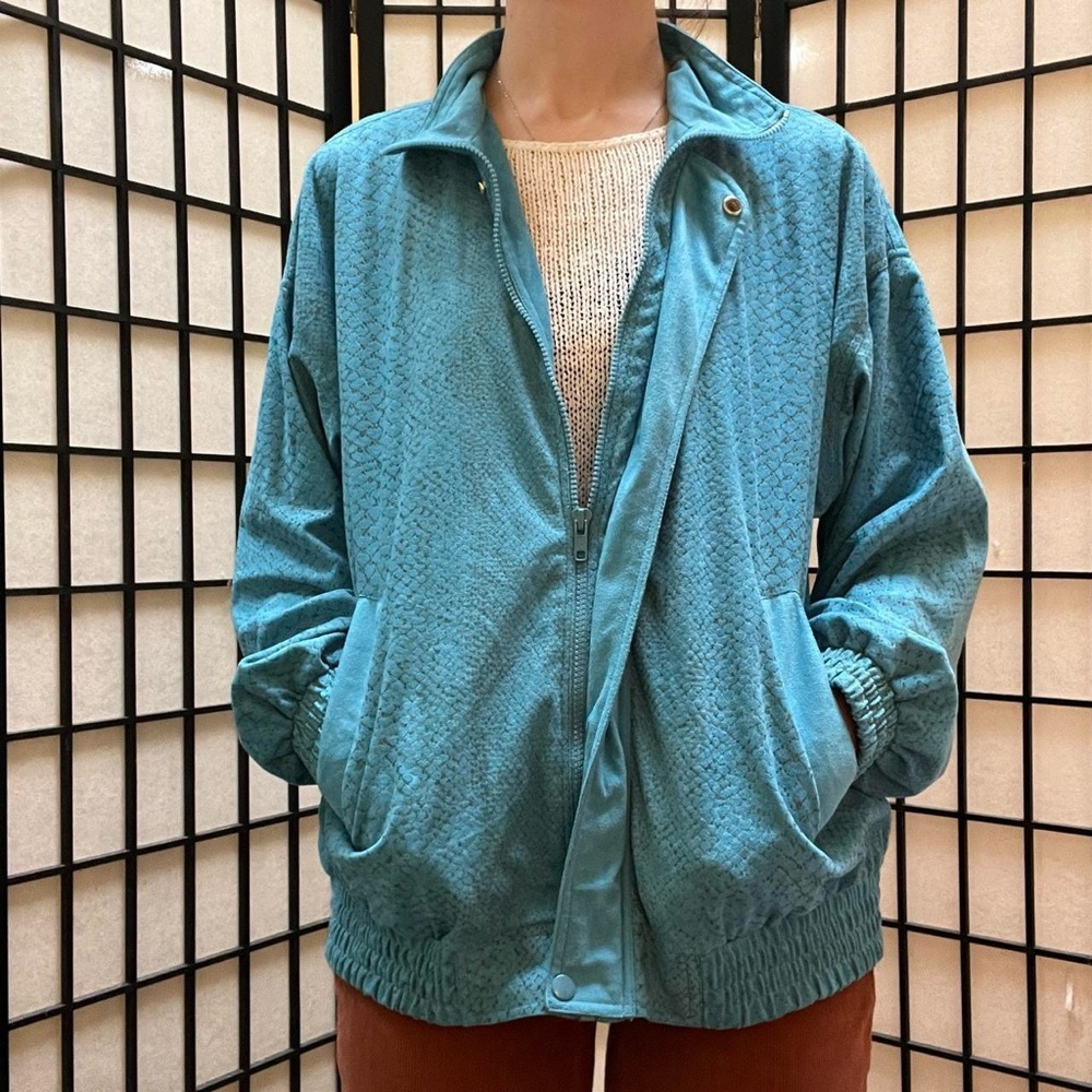 Teal Blue Snakeskin Print Bomber Windbreaker Vintage 80s/90s